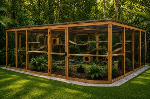 Wooden greenhouse with glass panels in a garden, containing various potted plants and tropical foliage, surrounded by green lawn