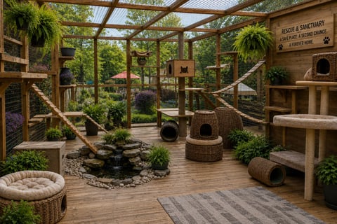 Large wooden cat sanctuary with climbing structures, ropes, plants, and multiple levels for enrichment and play