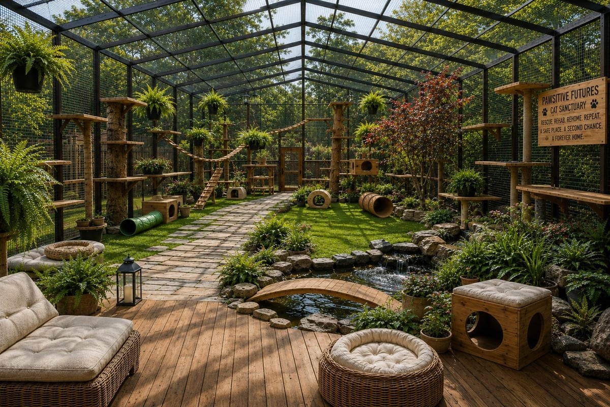 A luxurious greenhouse conservatory with wooden decking, living plants, a small pond, and seating areas featuring wicker furniture