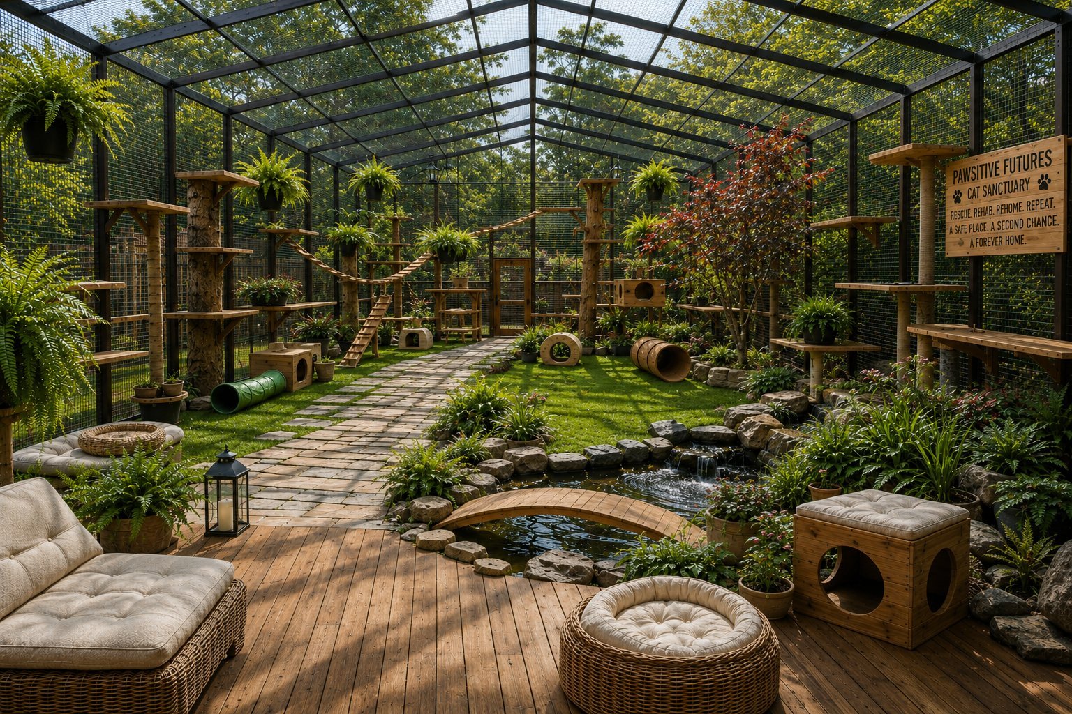 A luxurious greenhouse conservatory with wooden decking, living plants, a small pond, and seating areas featuring wicker furniture