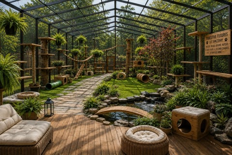 A luxurious greenhouse conservatory with wooden decking, living plants, a small pond, and seating areas featuring wicker furniture