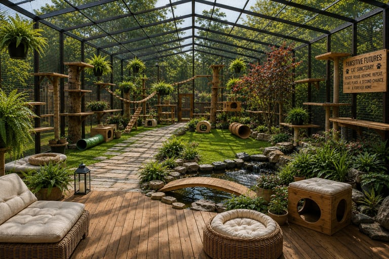 A luxurious greenhouse conservatory with wooden decking, living plants, a small pond, and seating areas featuring wicker furniture