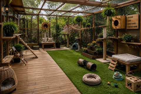 Indoor cat enclosure with wooden walkway, green turf, climbing structures, hanging toys, and enrichment items