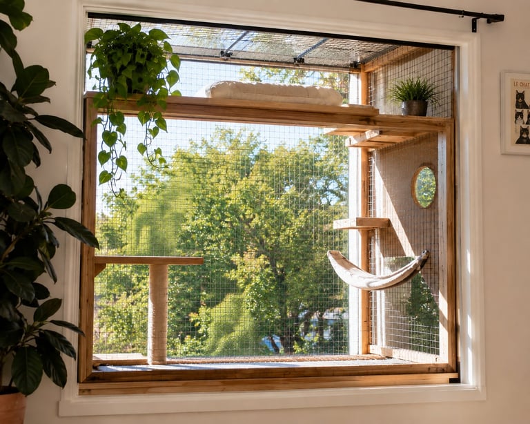 Open wooden window with cat hammock overlooking green trees and sunlit landscape