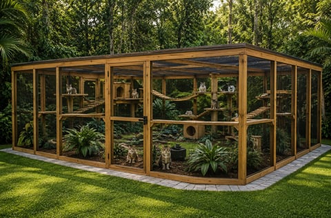 Wooden greenhouse structure with glass panels on a brick patio, filled with potted plants and greenery