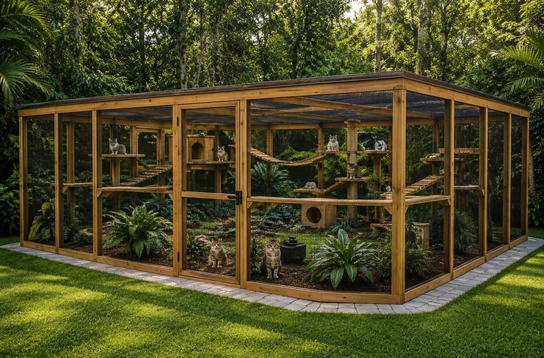 Wooden greenhouse structure with glass panels on a brick patio, filled with potted plants and greenery, surrounded by lawn and trees