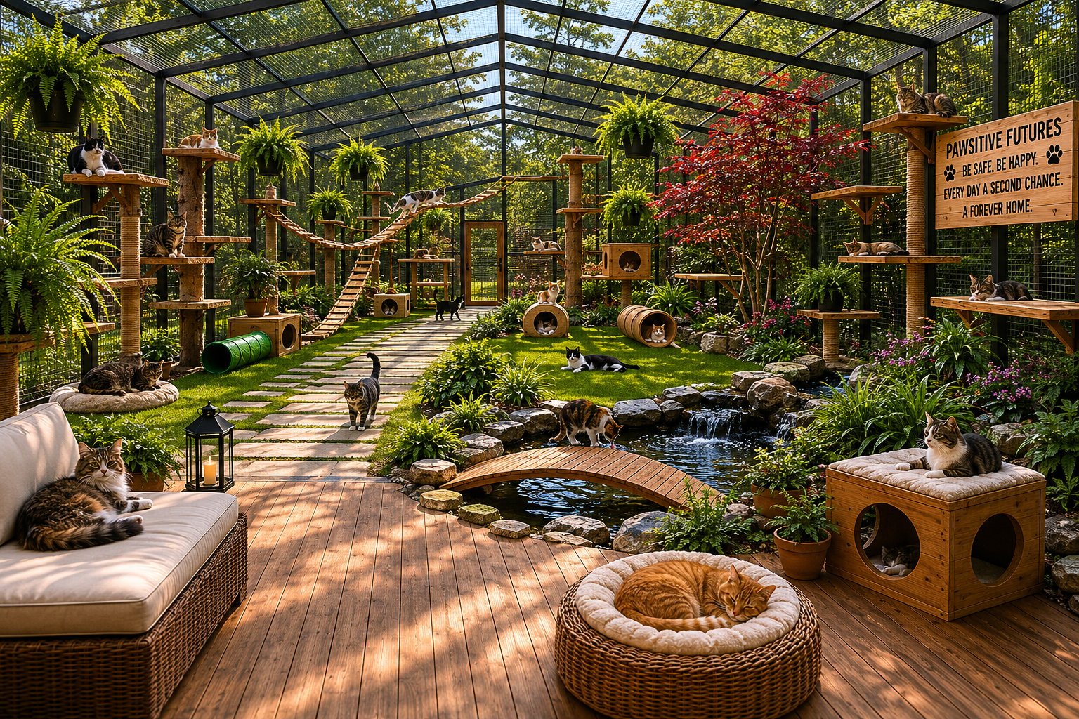 A spacious indoor greenhouse with a glass roof, lush hanging plants, wooden furnishings, a small pond, and comfortable seating areas among tropical vegetation