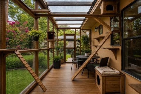 Modern sunroom with wooden beams, large windows overlooking garden, potted plants, wooden deck flooring, and minimalist furniture