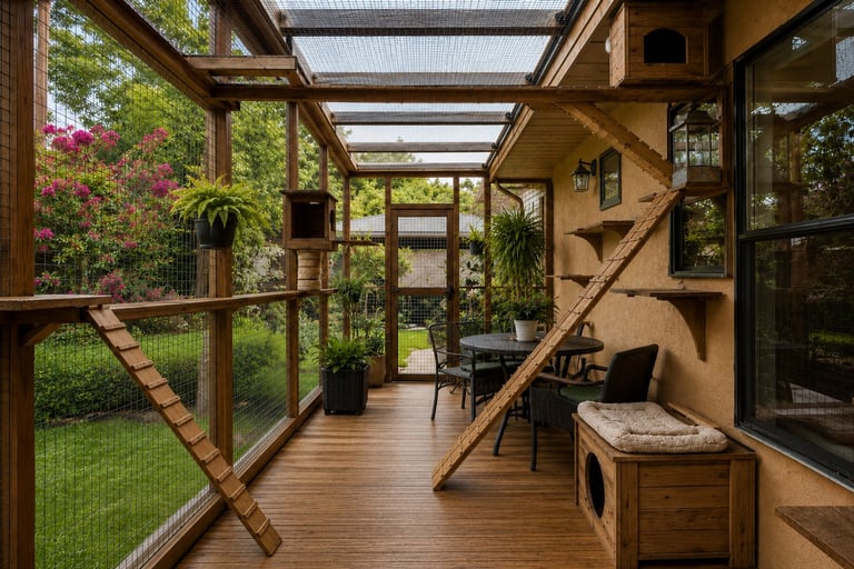 Modern sunroom with wooden beams, large windows overlooking garden, potted plants, wooden deck flooring, and minimalist furniture