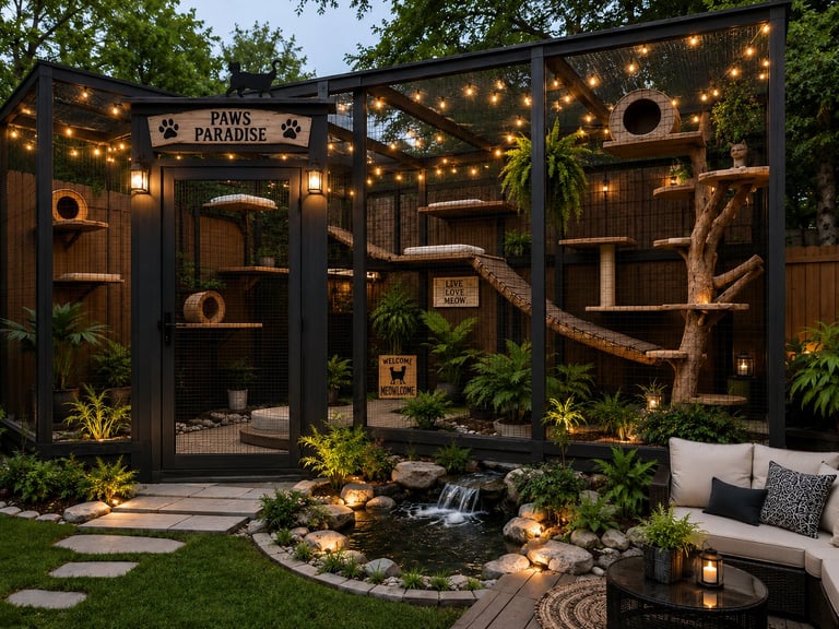 Modern outdoor cat enclosure with wooden structures, climbing shelves, warm string lights, surrounding garden area, and outdoor seating